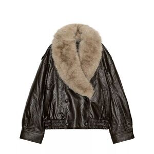 Zara Faux Leather Jacket with Removable Fur Collar Dark Brown Bomber Jacket